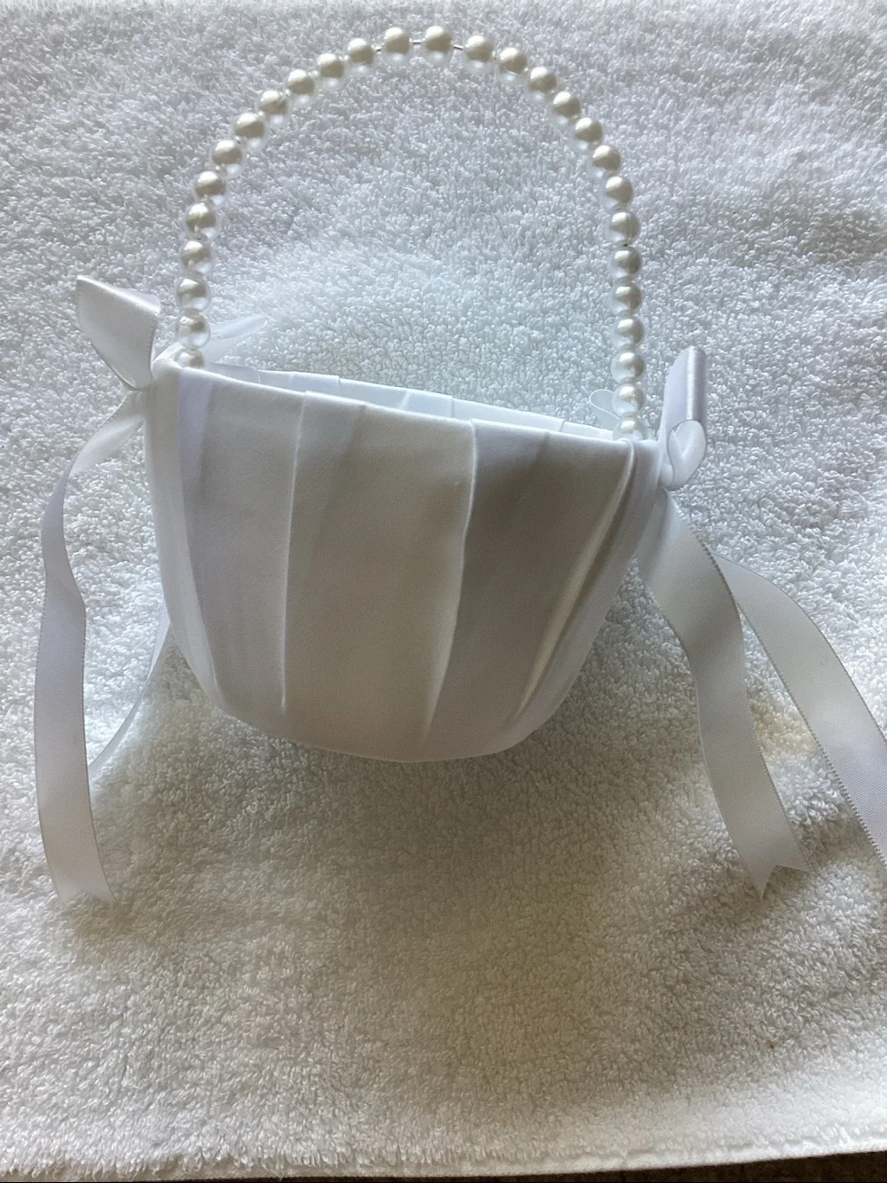 Classic White Satin Flower Girl Basket with Pearl Handle
